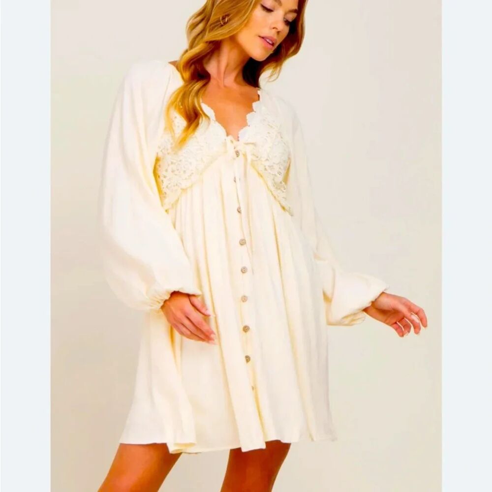 Listicle Cream Boho Mini Dress Lace Tie Front Long Sleeve Cottagecore Large